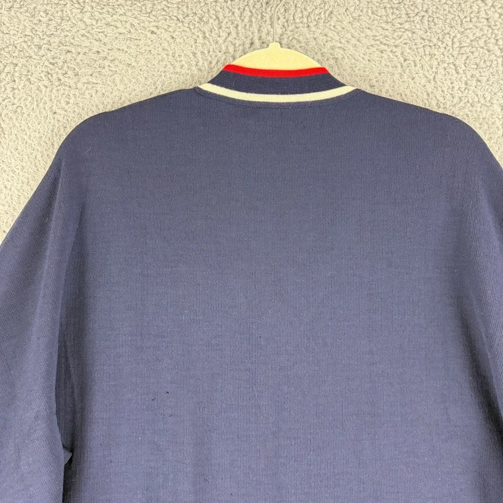 Vintage Mort Wallin Sweater Mens 2XL Navy Wool V Neck Striped Trim Holes Flawed
